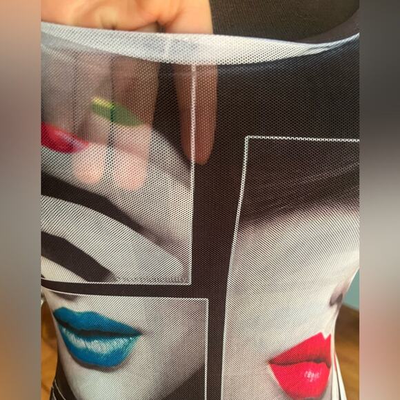 Vtg Y2K Semi Sheer Mesh Pop Art Disco Mini Dress Face Print Retro Punk Coverup - Picture 4 of 5